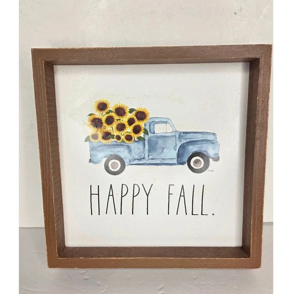 Rae‎ Dunn Happy Fall Blue Truck Farmhouse Wall Decor Sunflowers